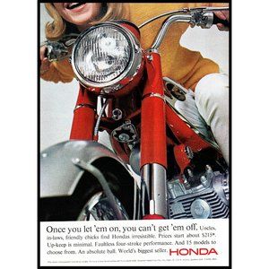 1965 Honda Motorcycle Vintage Print Ad Blonde Laughing Headlight Forks Wall Art